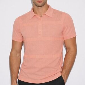 70s Vintage Textured Knit Polo Shirt Mens S Peach Tonal Striped Short Sleeve Tee